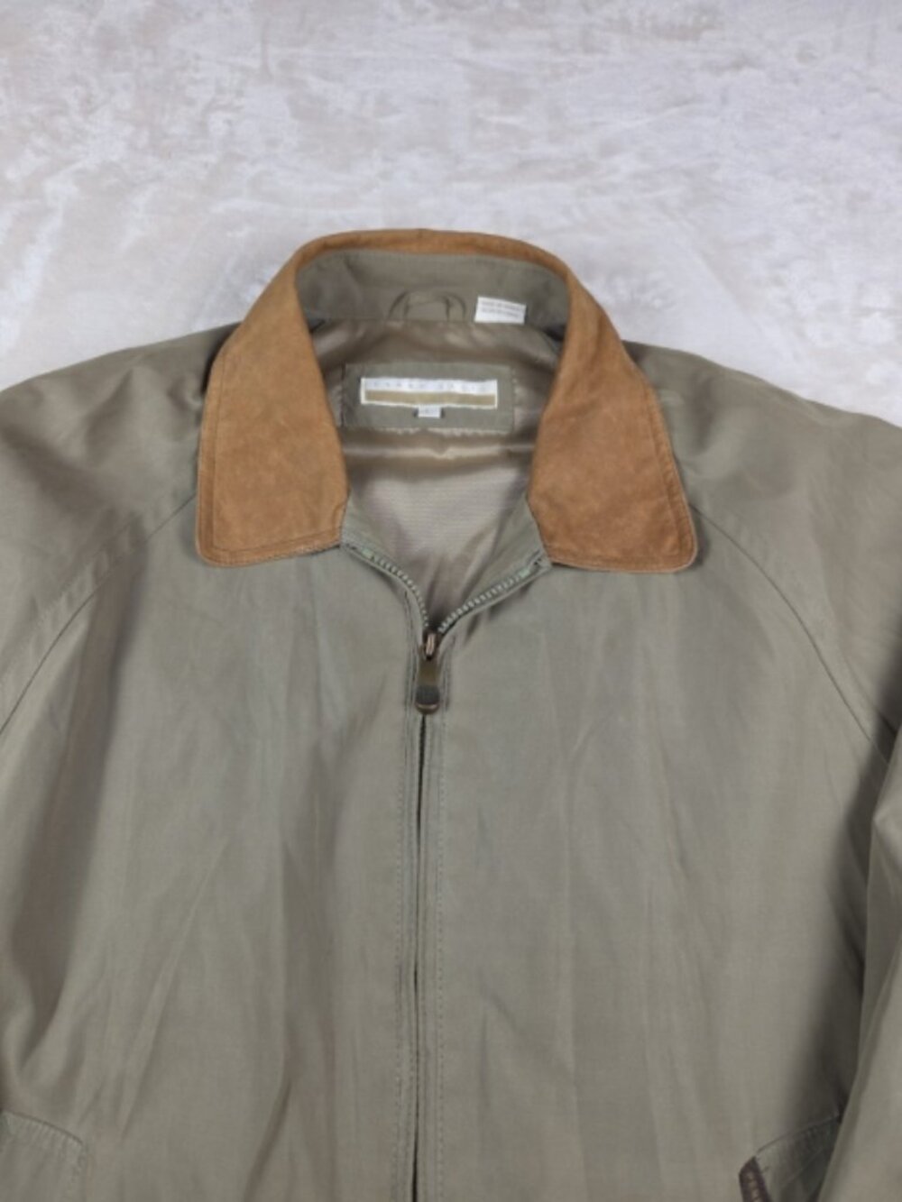 Perry Ellis Vintage Olive Green Jacket Leather Collar Full Zip Mens L
